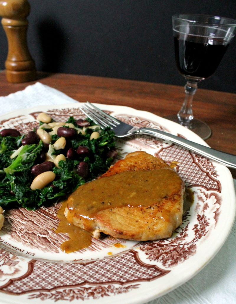Mustard Pork Chops with Beans & Greens