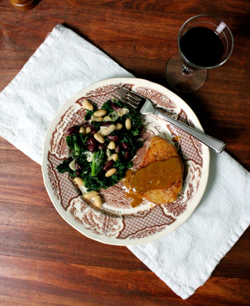 Mustard Pork Chops with Beans & Greens