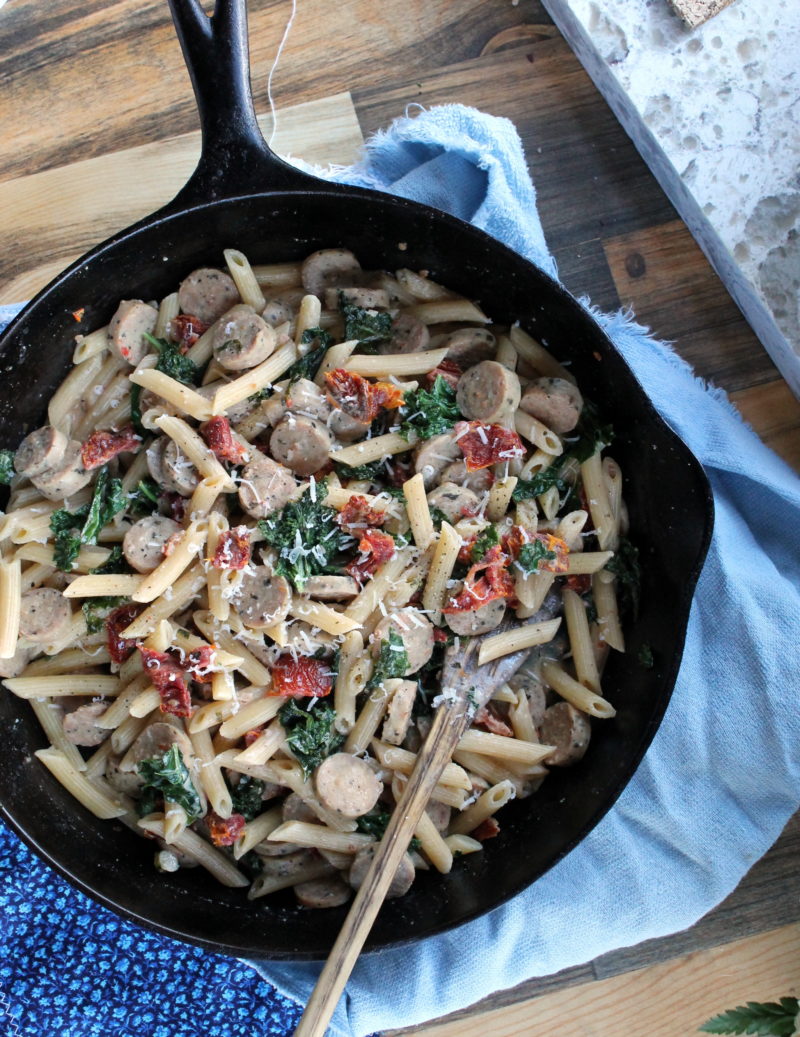 Sausage, Kale and Sun Dried Tomato Skillet Pasta